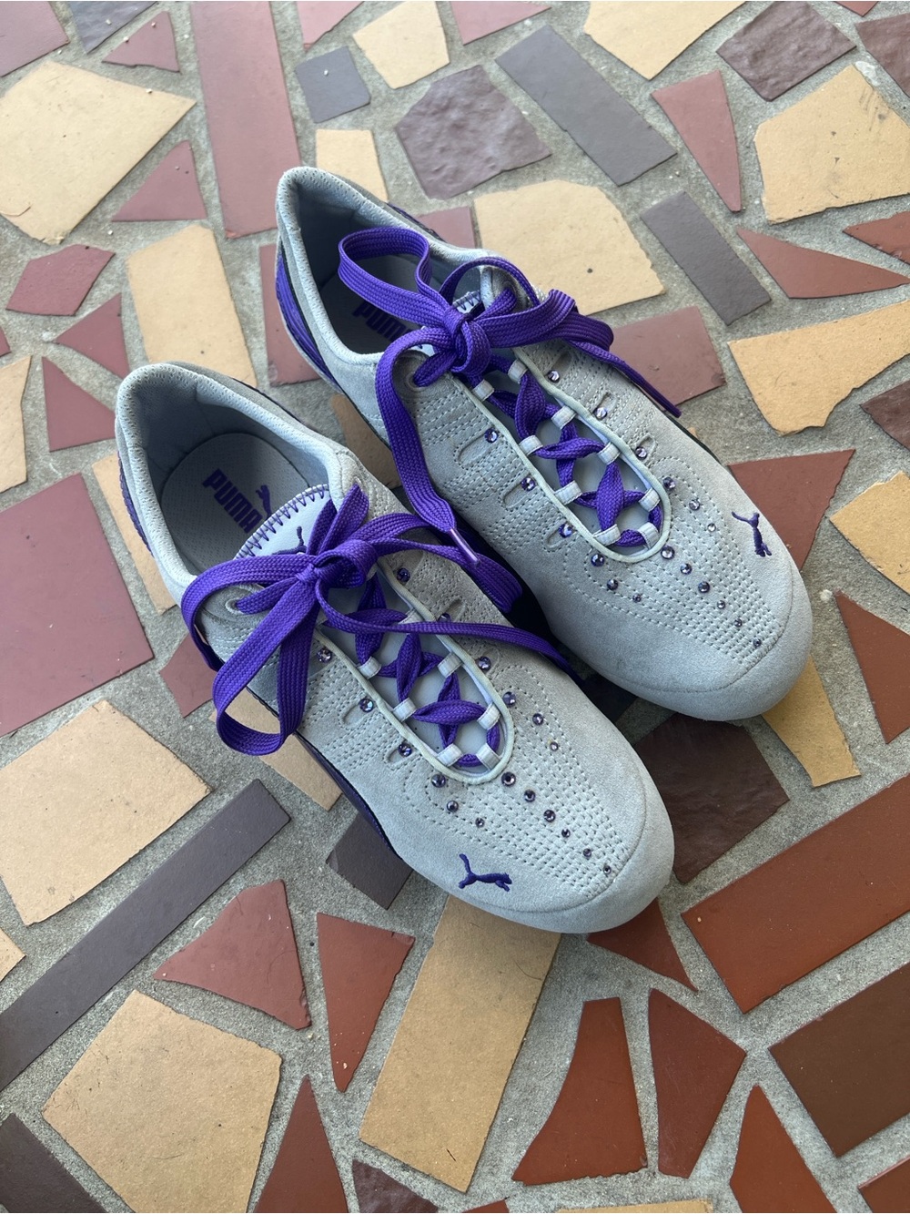 Puma Women’s Gray Suede Sneaker with Purple Stripes